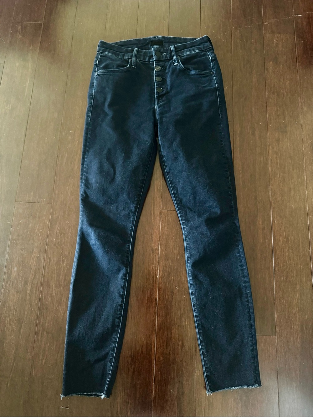 MOTHER Mid-Rise Dark Blue Button-Fly Skinny Jeans
